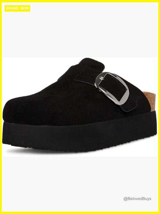Shoes - Platform Slip-On Clogs with Adjustable Buckle Strap
